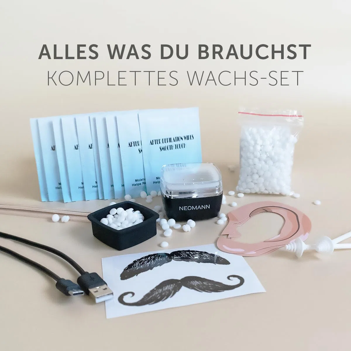 Waxer Mini – Mobiles Waxing Set mit USB-C Anschluss & Etui – Mini Wachserhitzer inkl. 100g Wachsperlen & Applikatoren – Ideal für Nase, Augenbrauen & Gesicht unterwegs