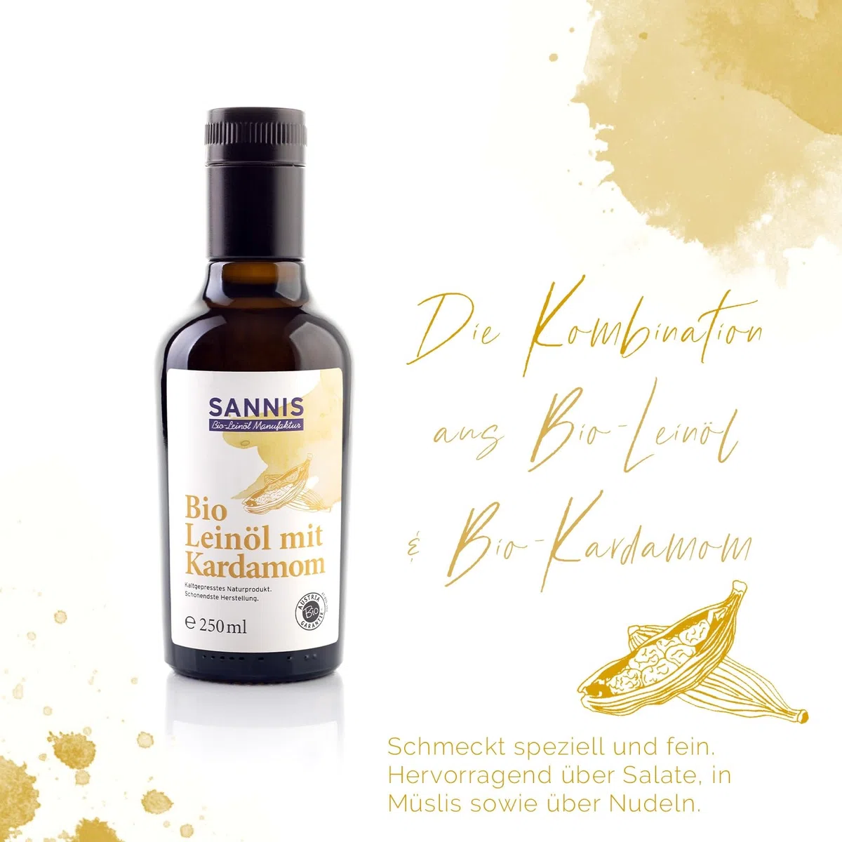 Sannis Bio-Leinöl mit Kardamom 250 ml I Leinsamenöl aus kontrolliert biologischem Anbau I kaltgepresst & ungefiltert I reich an Omega-3-Fettsäuren I Leinöl ideal für Salat, Nudeln & Müsli
