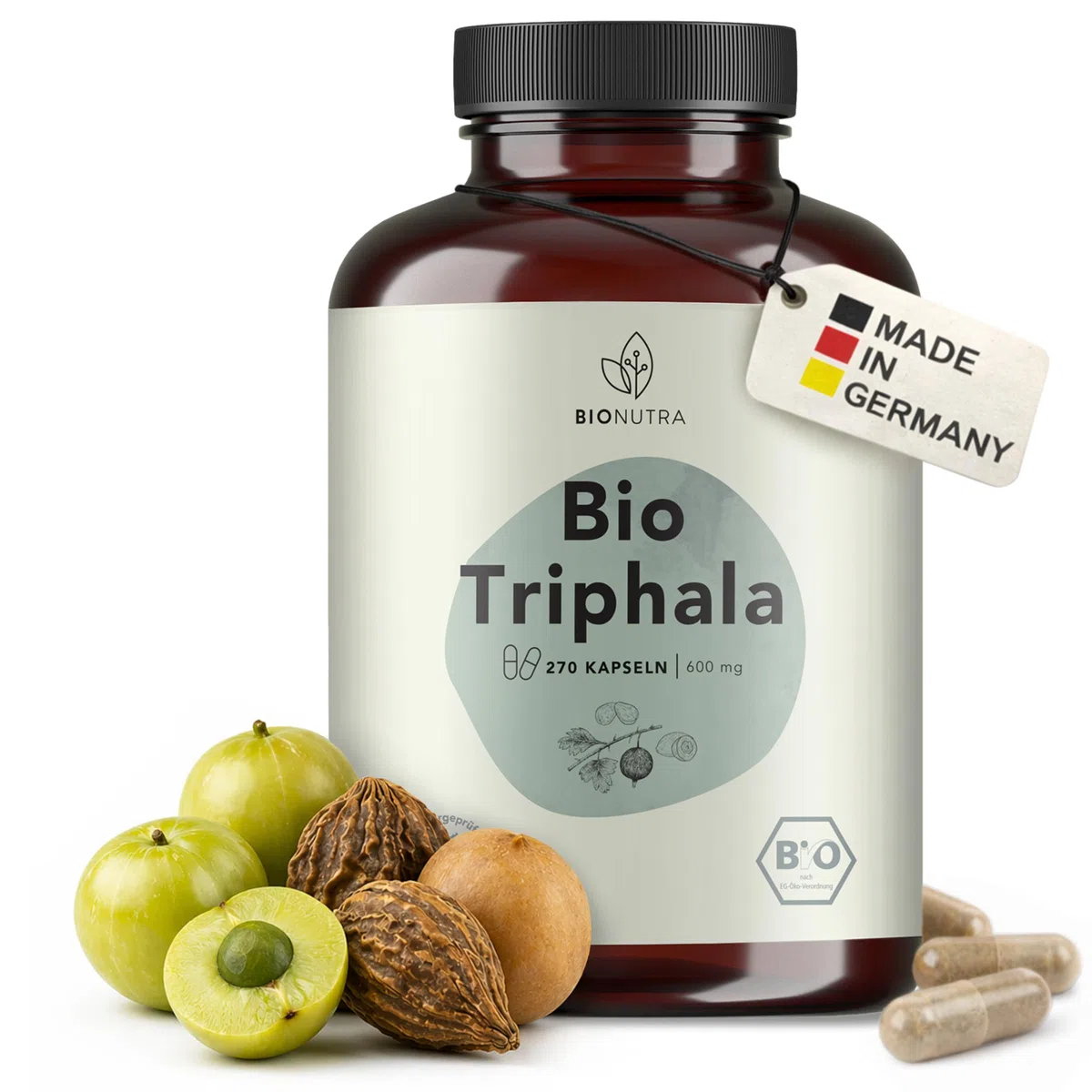 BIONUTRA Bio Triphala Kapseln, 270 Stk. à 600 mg, hochdosiert | rückstandskontrolliert, ohne Zusätze, vegan, deutsche Herstellung aus Triphala Bio Pulver, mit Amla, Haritaki und Bibhitaki