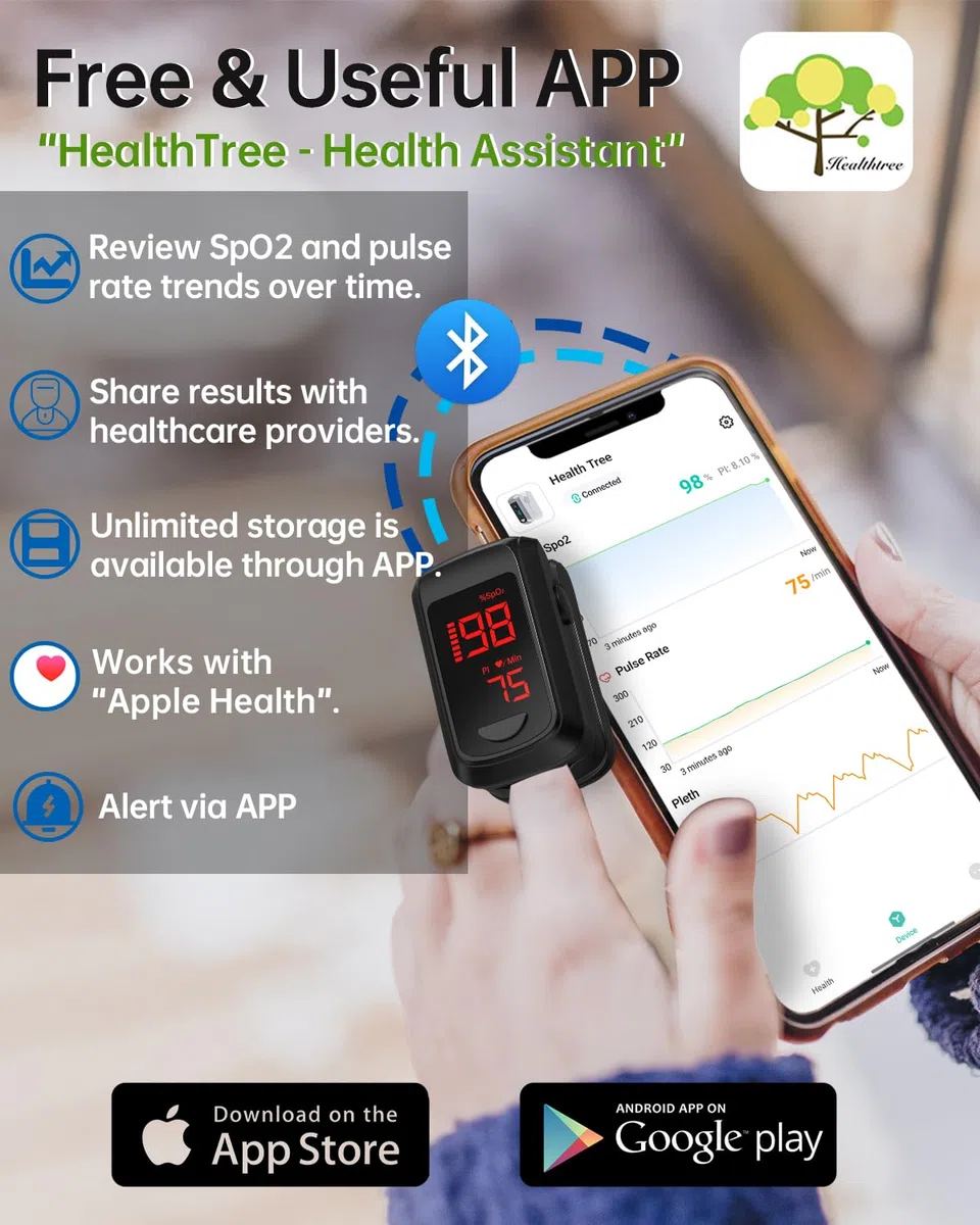 Pulsioximetro Bluetooth Con APP Gratis, Monitor von Oxigeno dedo Adultos para Ritmo Cardiaco Saturacion von Oxigeno in Blut, inklusive Tasche und Lanyard()
