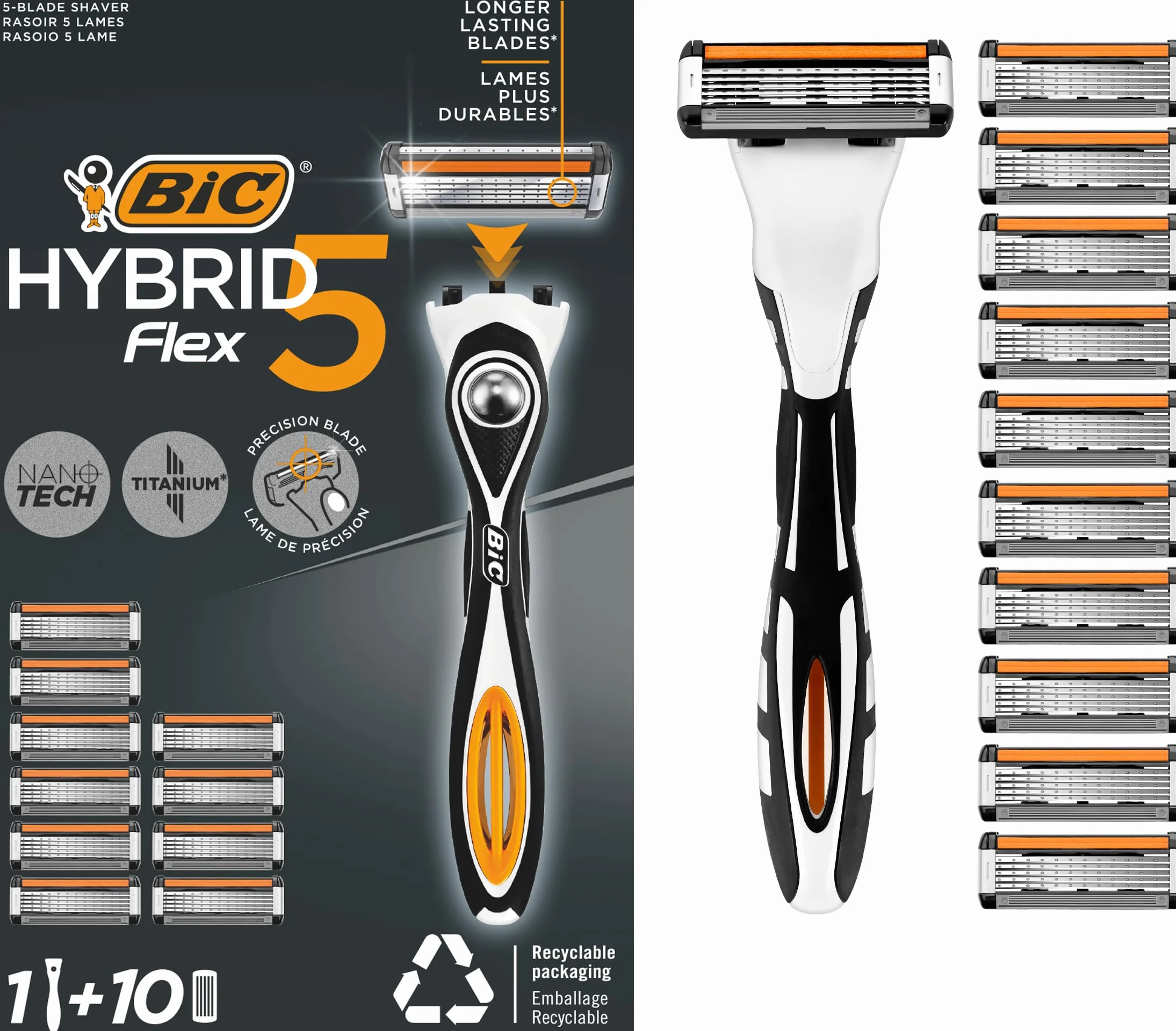 BIC Hybrid 5 Flex Rasierer Herren, Nassrasierer mit 10 Wechselklingen mit je 5 Klingen, mit Aloe Vera & Vitamin E, mit Präzisionstrimmer