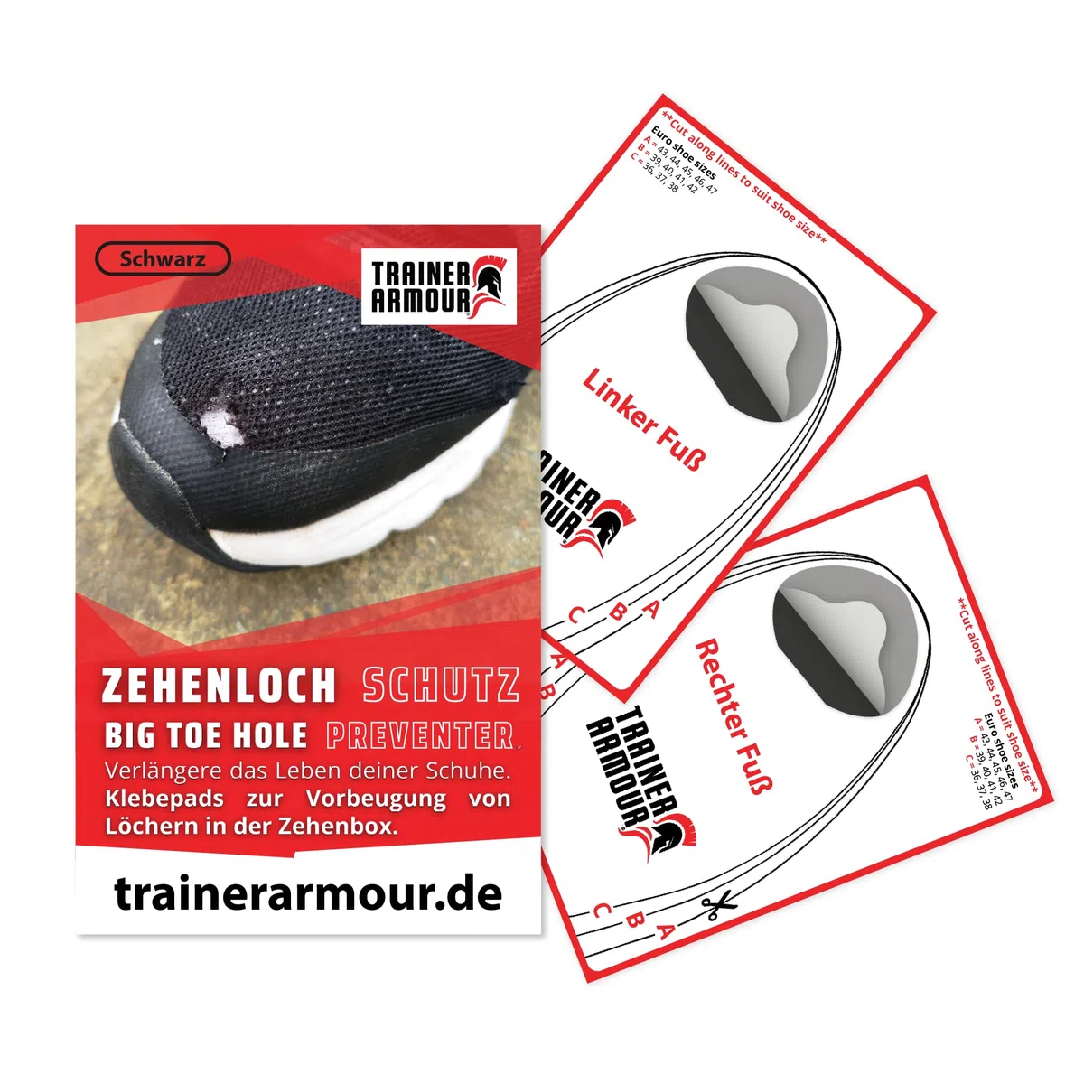 Zehenloch Schutz (BIG TOE HOLE PREVENTER) Selbstklebende Flicken zum Reparieren & Vorbeugen von Löchern am großen Zeh. Ideal für Sneaker und Sportschuhe. BRIT PATCH. [Schwarz, 4 Stk. (L+R) SPARPACK]
