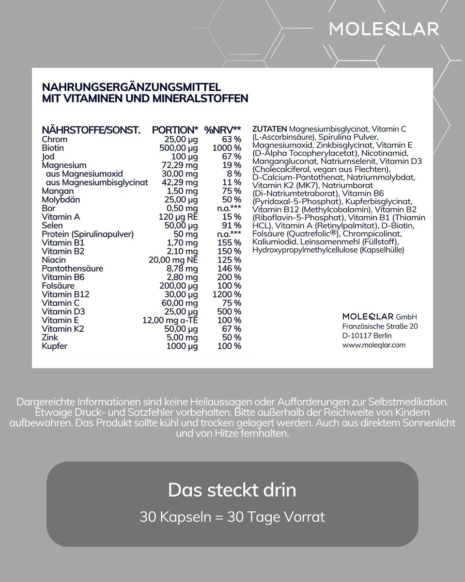 MoleQlar Essentials Formula 30 Kapseln - Vollspektrum-Vitamin und Mineralstoffkomplex in nur einer Kapsel pro Tag - Tägliche Basisabdeckung des Mikronährstoffbedarfs