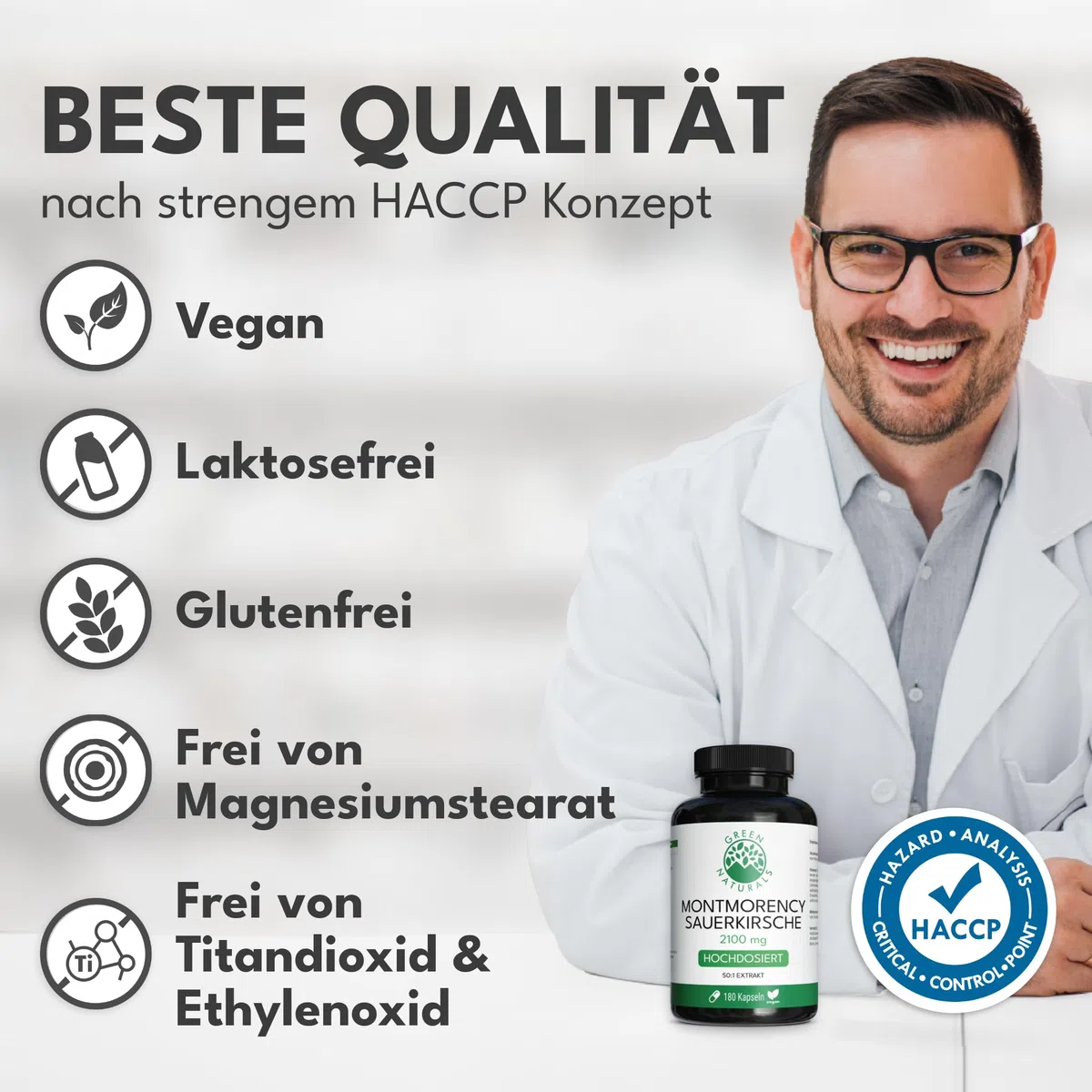 Green Naturals Montmorency Sauerkirsche – Hochdosiert: 2.100 mg Extrakt | 50:1 pro Tagesdosis · Entspricht 105.000 mg Sauerkirsch-Frucht · Aus der ganzen Frucht · 180 Kapseln