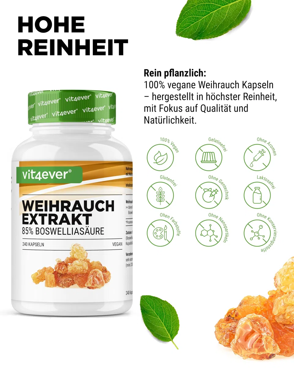 vit4ever Weihrauch Extrakt - 240 vegane Kapseln - 1000 mg pro Tagesportion - Mit 85% Boswelliasäuren aus echtem indischen Boswellia serrata - Hochdosiert & Premiumqualität