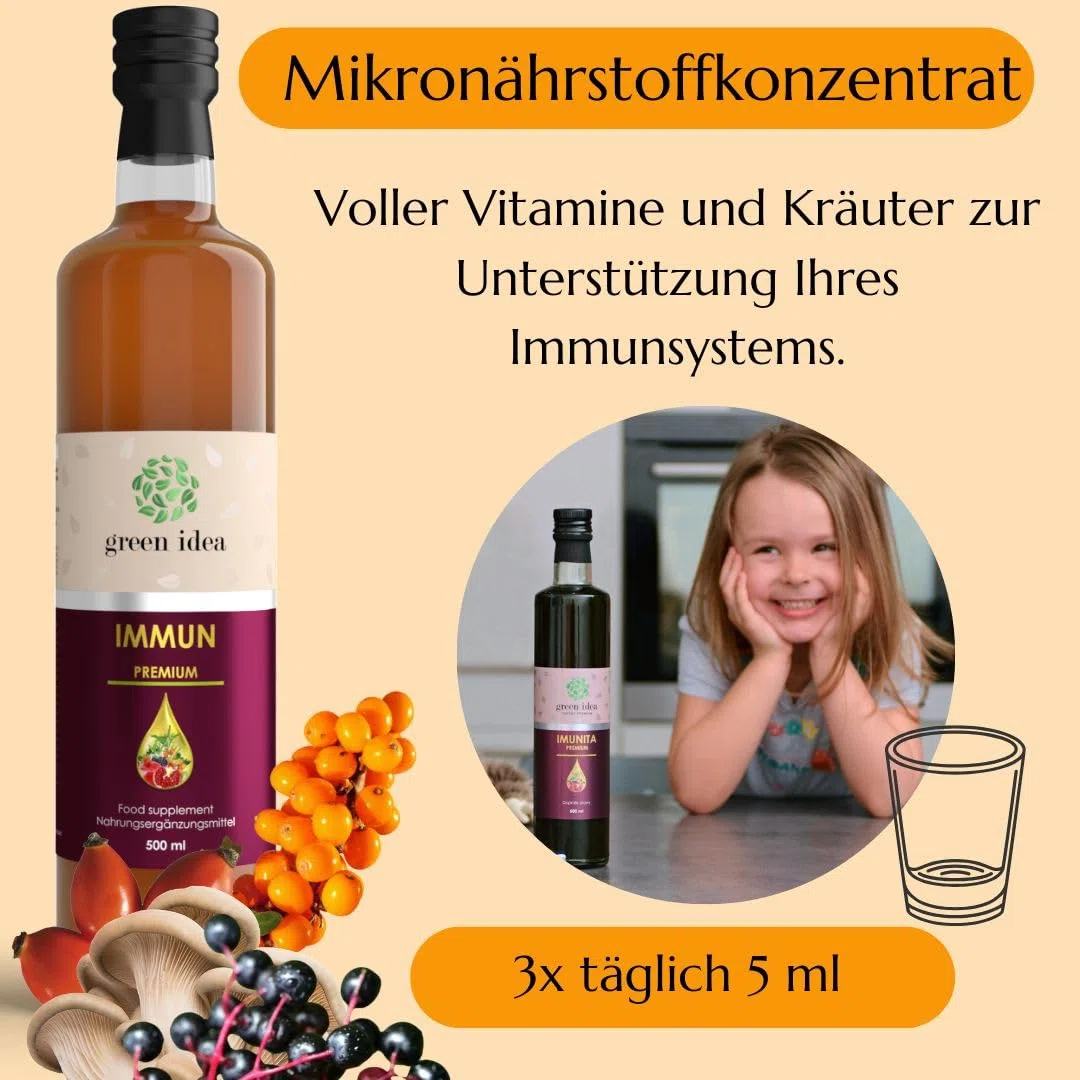 Green idea - IMMUN Sirup mit Echinacea, Beta Glucan 500 ml Spurenelementen und Vitaminen - Immunsystem stärken- große Flasche - ohne künstliche Süßstoffe - Immunsystem-Komplex - Produkt EU - VEGAN