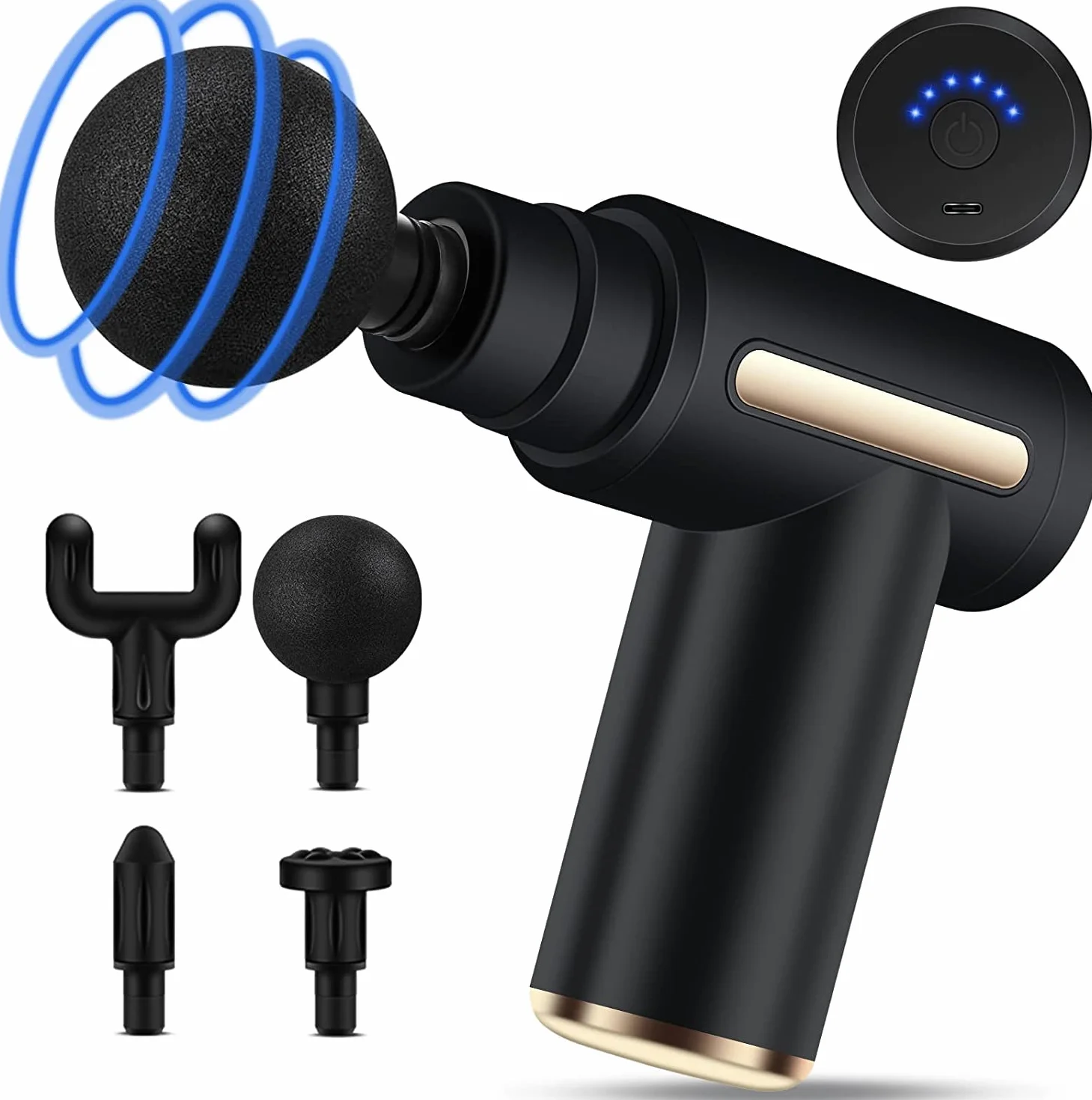 Massagepistole Mini, Uplayteck Muskel Massagegerät Tragbar 35DB Ultra Leise mit 6 Geschwindigkeiten, 4 Massageköpfen, USB C Ladeanschluss Massage Gun Handmassagegerät für Bein Nacken Schulter