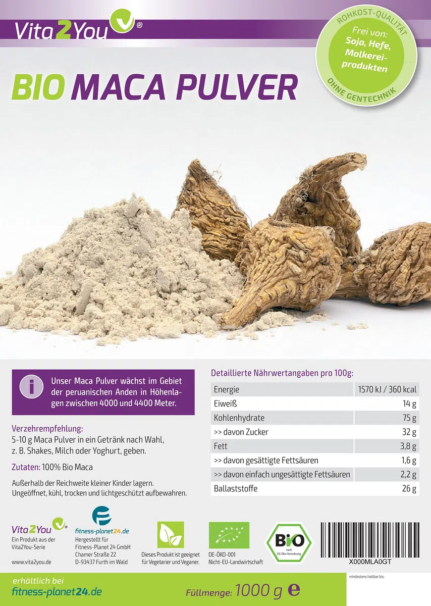 Vita2You Maca Pulver 1kg - Bio Qualität - Maca-Wurzel - ganze Knolle gemahlen - 1000g im Zippbeutel - Premium Qualität