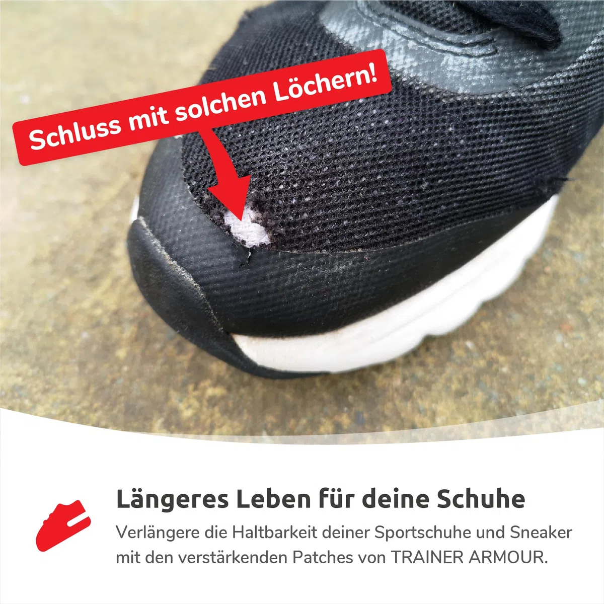 Zehenloch Schutz (BIG TOE HOLE PREVENTER) Selbstklebende Flicken zum Reparieren & Vorbeugen von Löchern am großen Zeh. Ideal für Sneaker und Sportschuhe. BRIT PATCH. [Schwarz, 4 Stk. (L+R) SPARPACK]