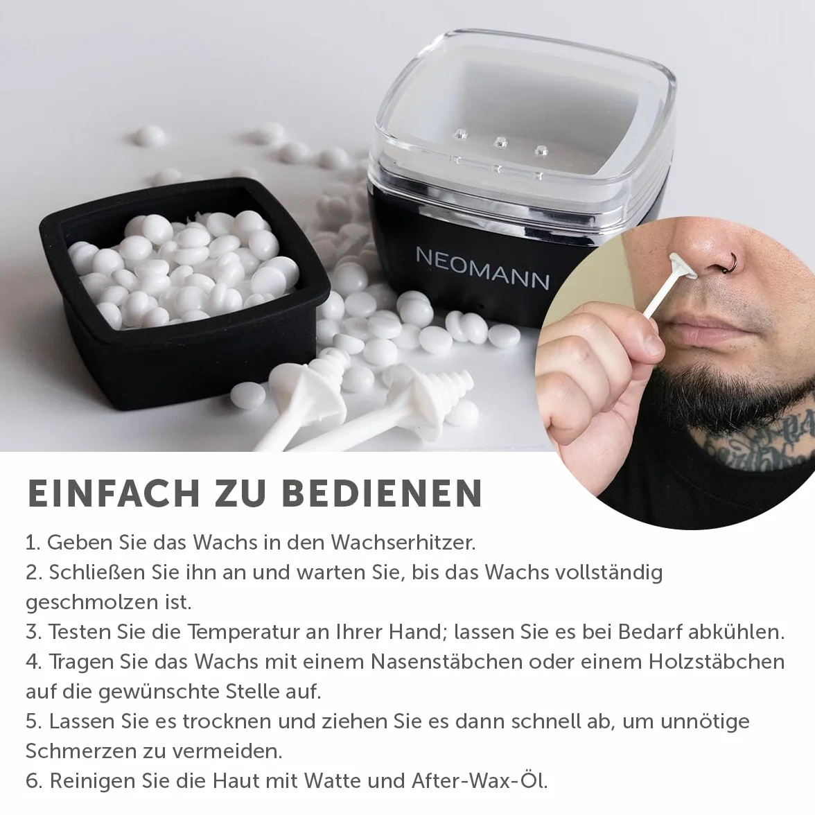 Waxer Mini – Mobiles Waxing Set mit USB-C Anschluss & Etui – Mini Wachserhitzer inkl. 100g Wachsperlen & Applikatoren – Ideal für Nase, Augenbrauen & Gesicht unterwegs
