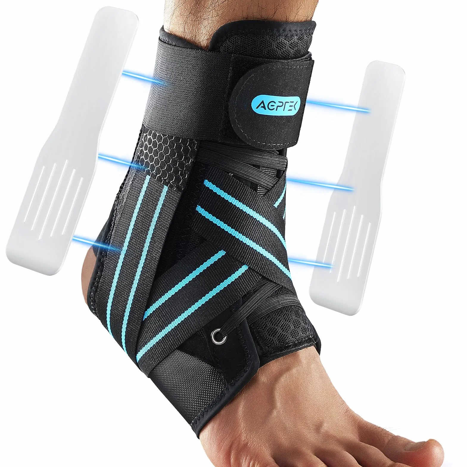 AGPTEK Knöchelbandage mit herausnehmbaren Schienen, verstellbare Sprunggelenkbandage für Verstauchungen, Achillessehnenentzündung, links oder rechts, für Damen und Herren (Blau, L)