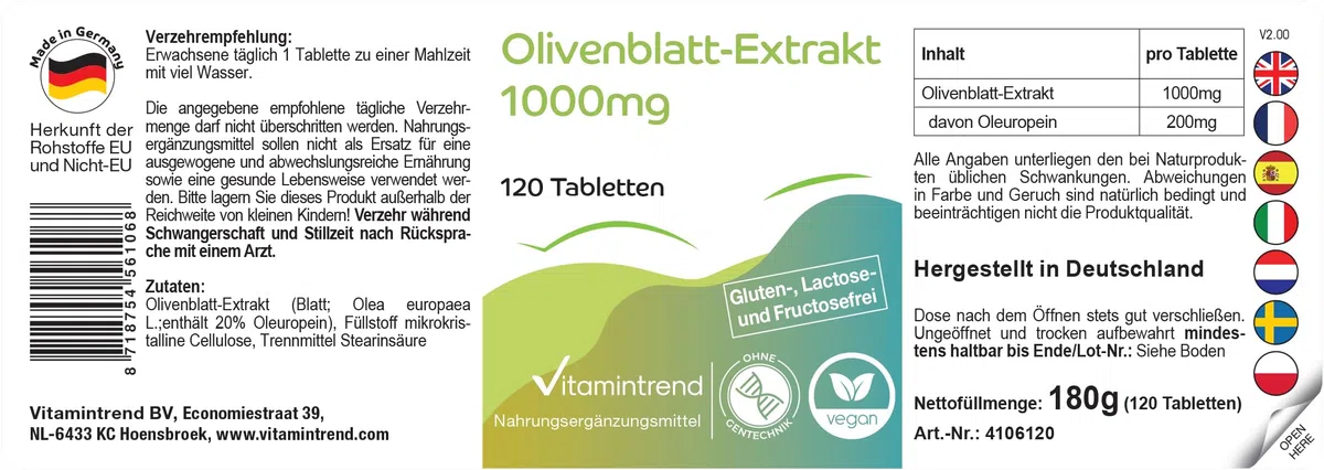 Vitamintrend Olivenblattextrakt 1000mg, 120 Tabletten, hochdosiert, 20% Oleuropein, veganes Nahrungsergänzungsmittel ohne Zusätze, in Deutschland hergestellt