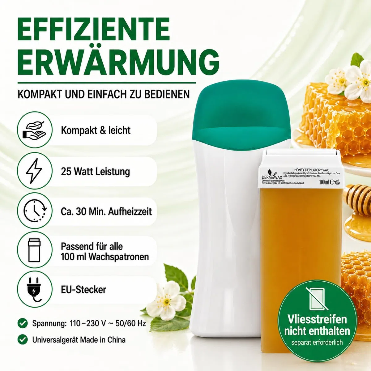 DERMAWAX Roll-On Wachswärmer Set – 25W, 230V – Inkl. Honig Roll-On Warmwachs 100 ml – Profi Haarentfernung mit Wax Strips – Schnelle & einfache Enthaarung für Beine, Arme, Achseln und Rücken