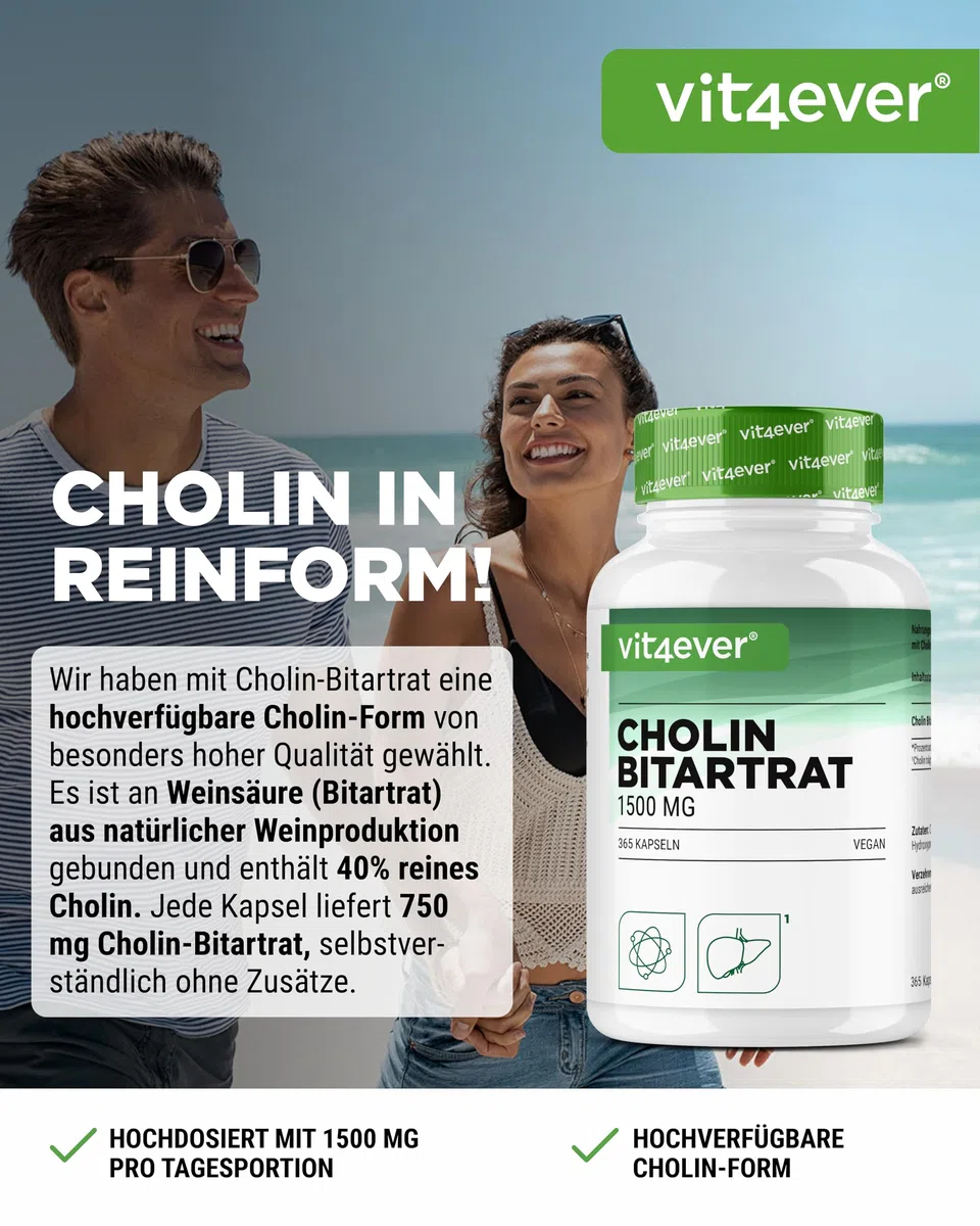 Cholin Kapseln - 365 Kapseln mit 1500 mg Cholin Bitartrat pro Tagesdosis - Über 6 Monate Reichweite - Leber, Homocystein & Fettstoffwechsel - Natürlich, hochdosiert, vegan