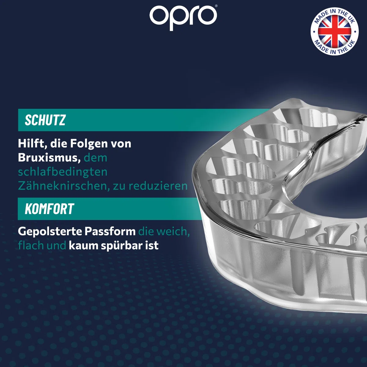 OPRO Aufbissschiene gegen Zähneknirschen – Individuell anpassbarer Bruxismus Mundschutz bei Knirschen – Komfortabel, flexibel & BPA-frei – Klinisch geprüft mit Aufbewahrungsbox – Hergestellt im UK