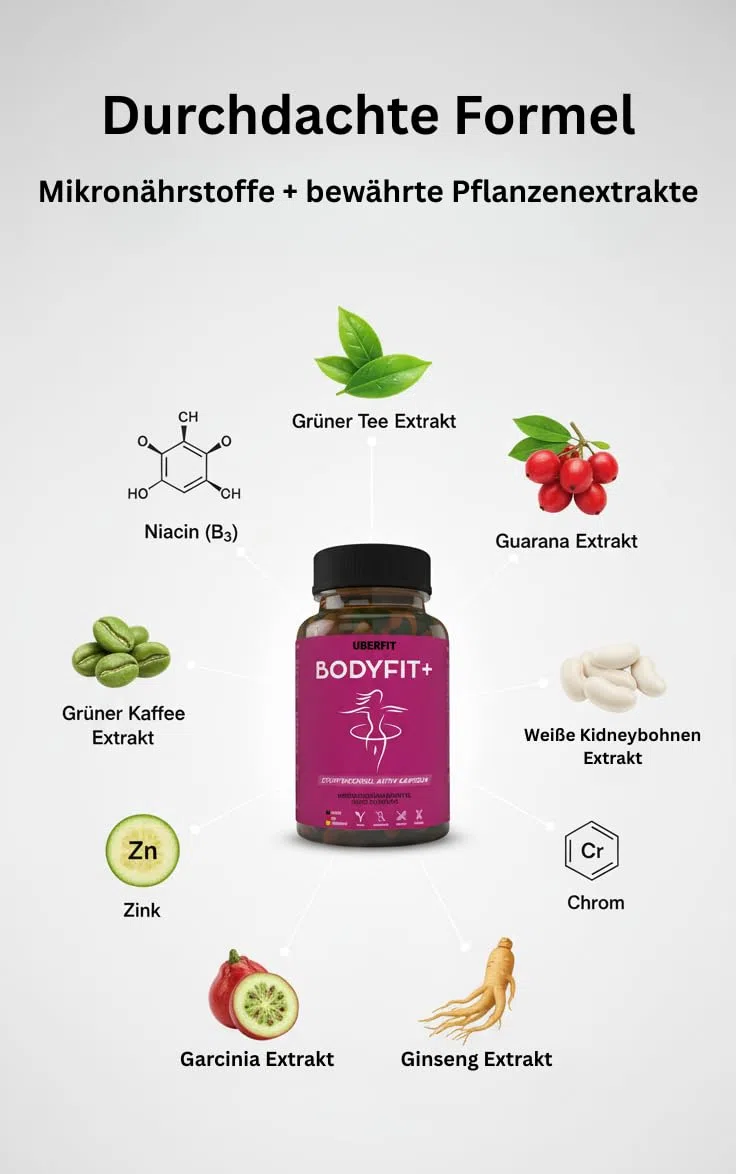 BODYFIT+ Stoffwechsel & Energie Komplex – Zink & Chrom für normalen Stoffwechsel & Blutzucker, B-Vitamine gegen Müdigkeit – mit Grüntee & Guarana – 120 vegane Kapseln, Made in Germany