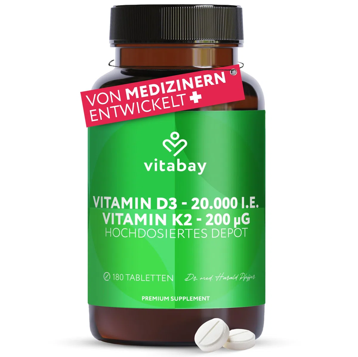 Vitabay Vitamin D3 + K2 Depot – 180 vegane Tabletten – hochdosiert – 20.000 IE Premium Vitamin D3 mit K2-MK7 All-Trans – ohne Zusätze – vegan & laborgeprüft in Deutschland – Vorrat für lange Zeit