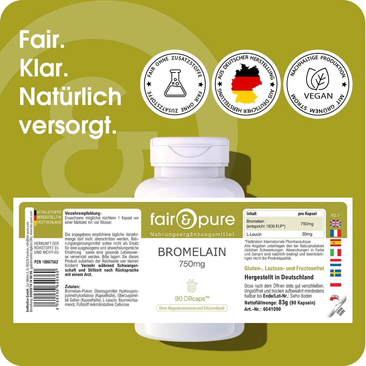 Fair & Pure Bromelain hochdosiert 750mg, 1800 F.I.P, 90 Kapseln, magensaftresistente DRcaps, Nahrungsergänzungsmittel vegan ohne Magnesiumstearat, in Deutschland hergestellt