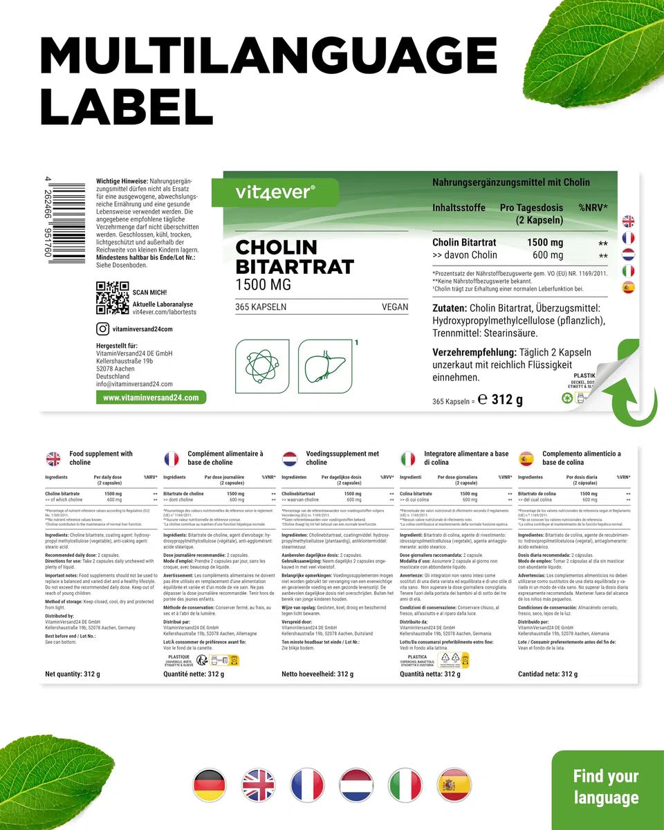 Cholin Kapseln - 365 Kapseln mit 1500 mg Cholin Bitartrat pro Tagesdosis - Über 6 Monate Reichweite - Leber, Homocystein & Fettstoffwechsel - Natürlich, hochdosiert, vegan