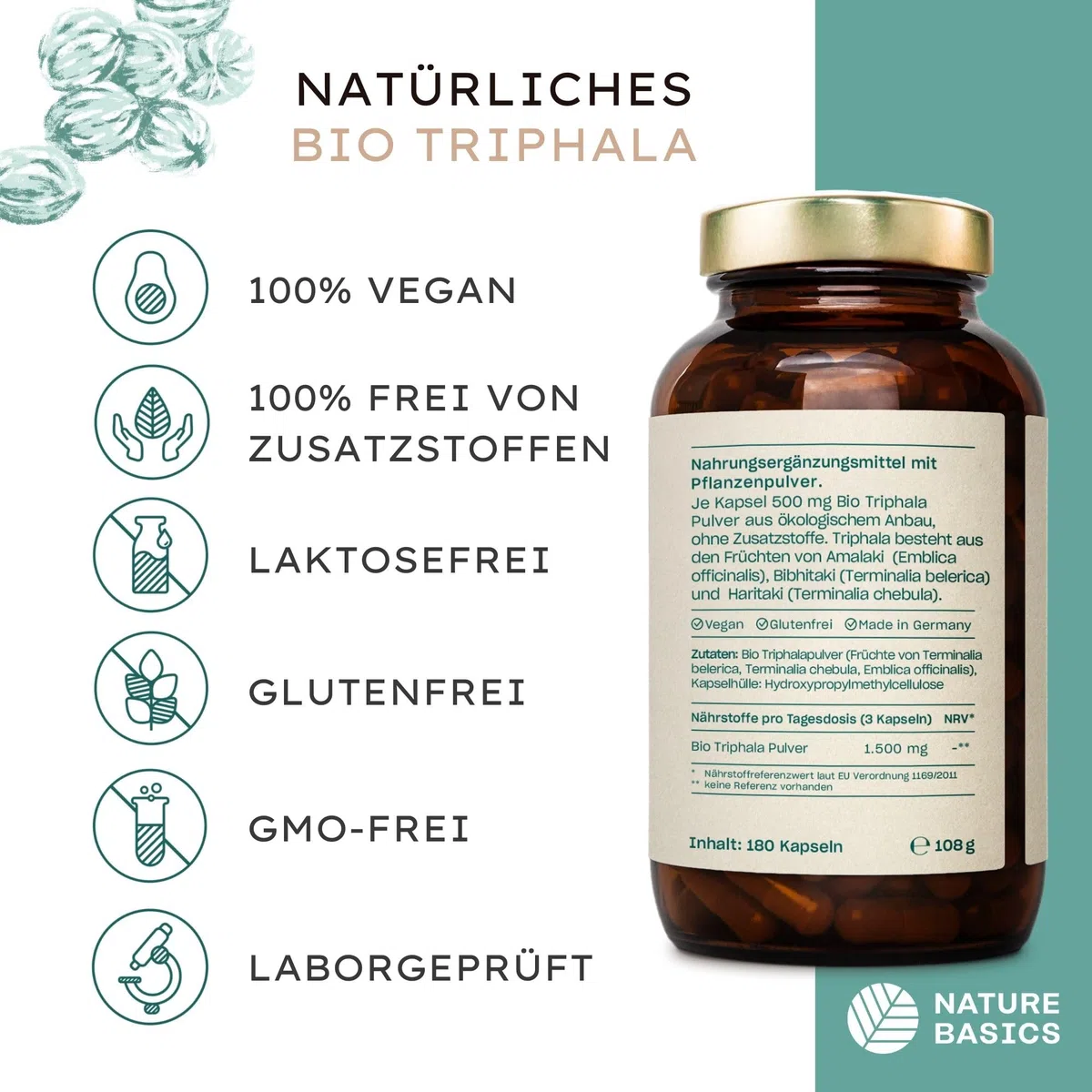 Bio Triphala - 180 Kapseln hochdosiert / 1500 mg Triphala Pulver pro Tagesdosis/Hochwertige Ayurveda Nahrungsergänzung/Vegan, Zertifiziert & Nachhaltig im Glas