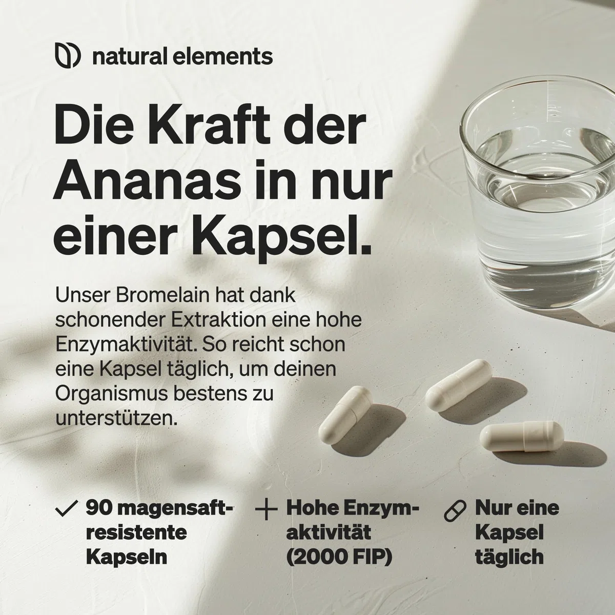 natural elements Bromelain - 400 mg (2000 F.I.P) - 90 magensaftresistente Kapseln - Natürlicher Ananas Extrakt - Laborgeprüft, hochdosiert und in Deutschland produziert