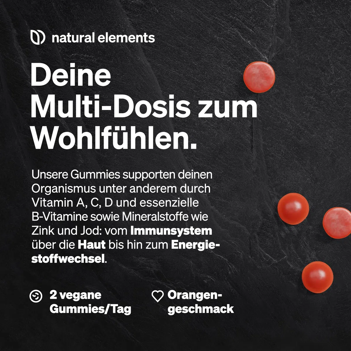 natural elements Gummies Multivitamin – 120 fruchtige Gummibärchen – natürliches Aroma – mit 12 Vitaminen und Mineralstoffen (Vitamin C, D3, Biotin, Folsäure, Zink & mehr) – laborgeprüft