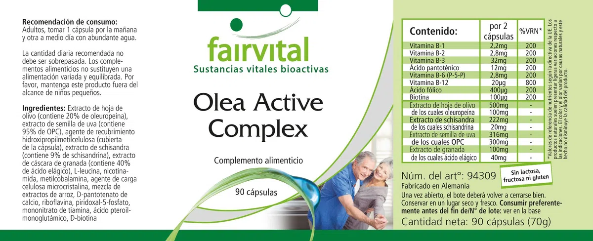 fairvital Olea Active Complex, 90 Kapseln, VEGAN, Kombination aus B-Vitaminen, Folsäure, Olivenblatt, Schisandra, Granatapfel und OPC
