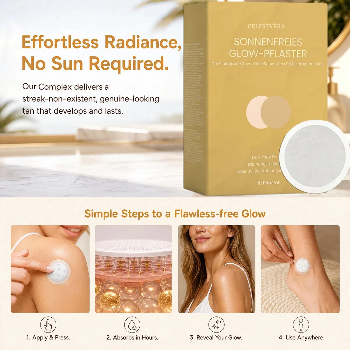 Celestvera Bräunungspflaster, 10 Stück Sun Free Glow Patch für Tanning, Selbstbräuner Microneedle Patch für Frauen und Männer, Natürliche Inhaltsstoffe, für Alle Hauttypen (2 Stück)
