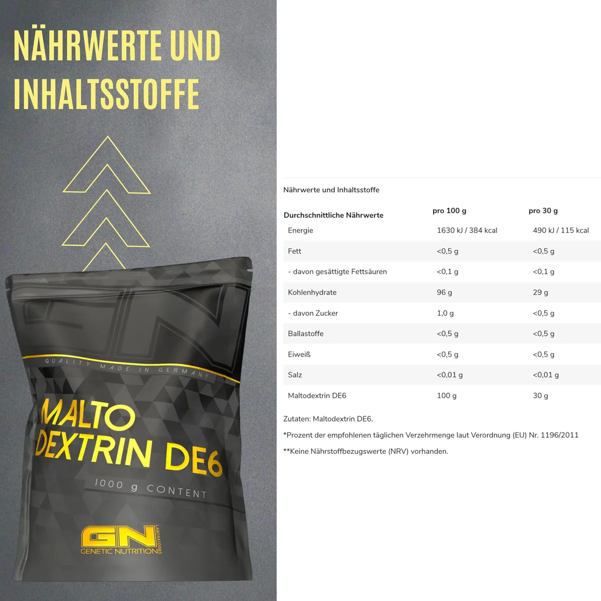 Maltodextrin DE6 – Reines Kohlenhydratpulver – 96% Kohlenhydrate, Geschmacksneutral – 30 g pro Portion – Vielseitig einsetzbar – 1 kg – Made in Germany – GN Laboratories
