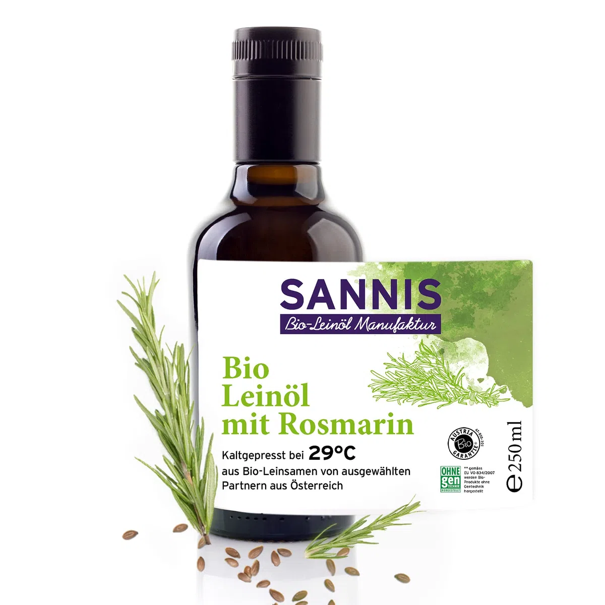 Sannis Bio-Leinöl mit Rosmarin 250 ml I Leinsamenöl aus kontrolliert biologischem Anbau I kaltgepresst & ungefiltert I reich an Omega-3-Fettsäuren I mediterranes Leinöl ideal für Fisch & Fleisch