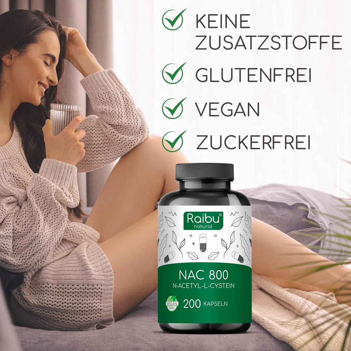 Raibu NAC 800 Kapseln hochdosiert (200 Kapseln x 800mg) I NAC Acetyl L-Cystein in bester Qualität ohne Zusätze in Deutschland produziert
