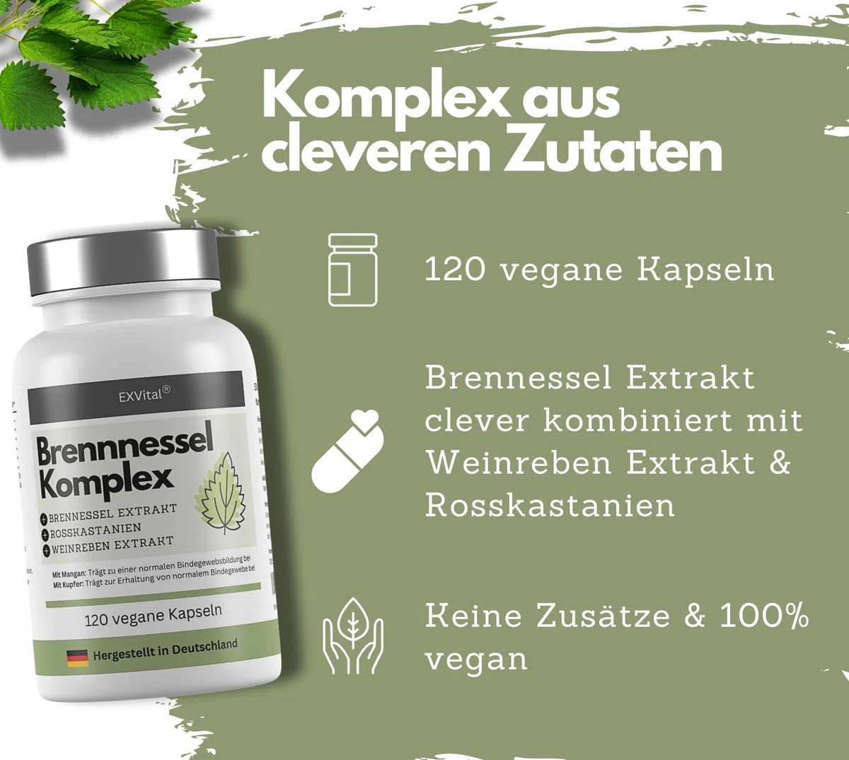 EXVital Brennnessel Kapseln Komplex mit Weinreben & Rosskastanien Extrakt, 800mg Brennnessel Extrakt pro Tag, 120 vegane Kapseln, Clever mit Mangan & Kupfer, vegan & ohne Zusätze