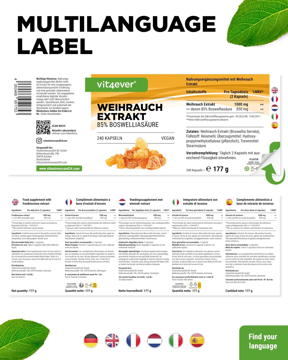 vit4ever Weihrauch Extrakt - 240 vegane Kapseln - 1000 mg pro Tagesportion - Mit 85% Boswelliasäuren aus echtem indischen Boswellia serrata - Hochdosiert & Premiumqualität