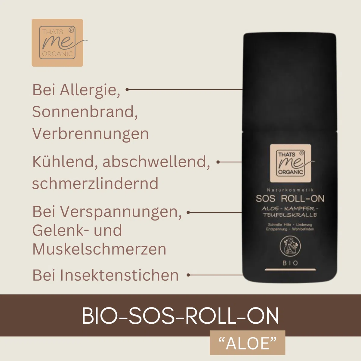 Thats me organic BIO-SOS-ROLL-ON Aloe 50ml – Naturkosmetik mit Arnika, Teufelskralle, Menthol – wärmend und kühlend bei Muskelverspannungen, Insektenstichen, Sonnenbrand, Schmerzen und Allergien