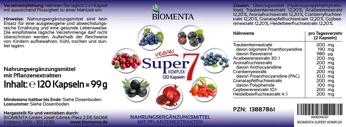 BIOMENTA Super 7 – 120 vegane Multifrucht Superfruit Kapseln – Superfood Mix hochdosiert mit Obst aus: OPC, Cranberry, Goji, Aronia, Granatapfel, Acai & Heidelbeeren - Premiumqualität