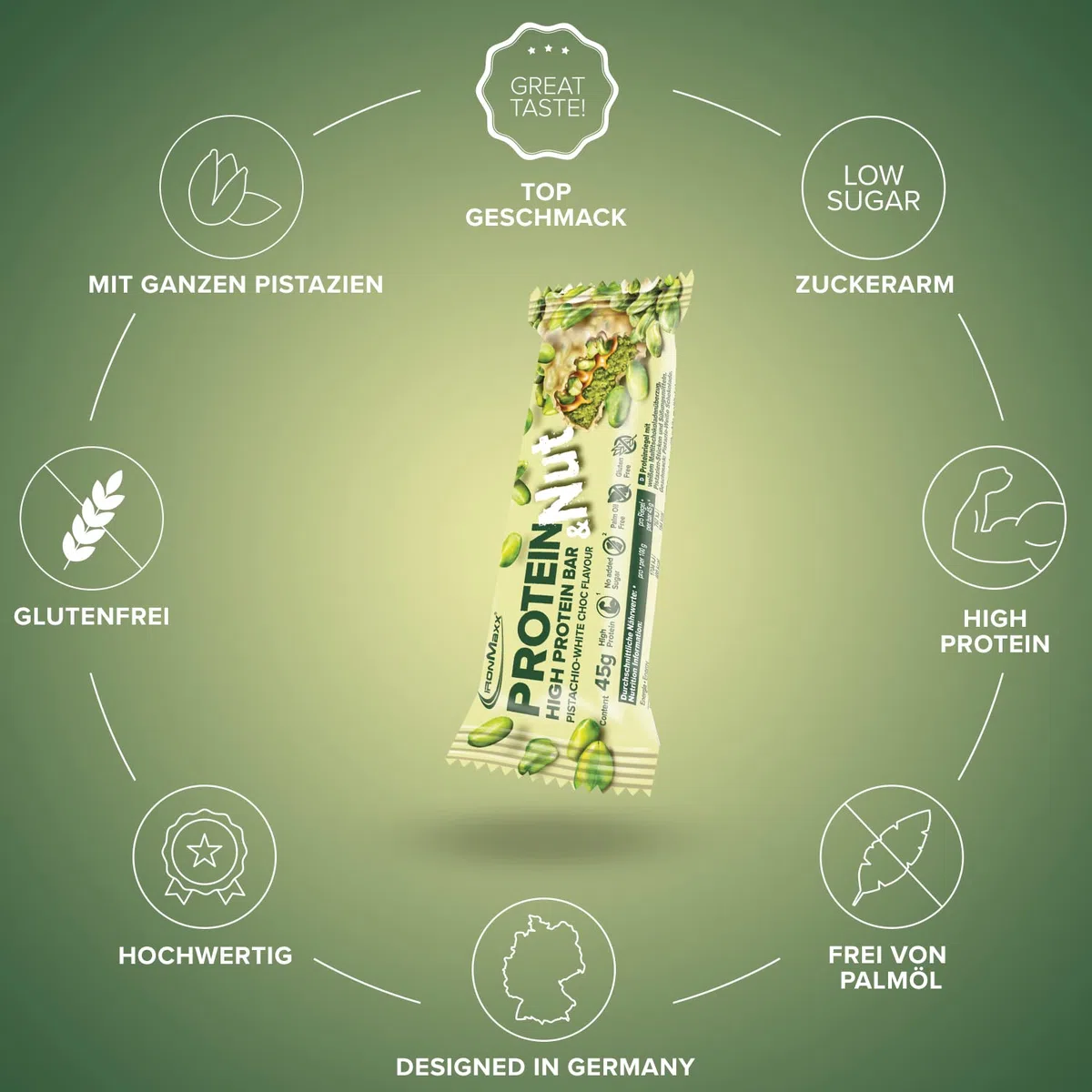 IronMaxx Protein & Nut Proteinriegel - Pistachio White Choc 12 x 45g | High-Protein-Bar mit echten Pistazien | Eiweißriegel glutenfrei, ohne zugesetzte Zucker und palmölfrei