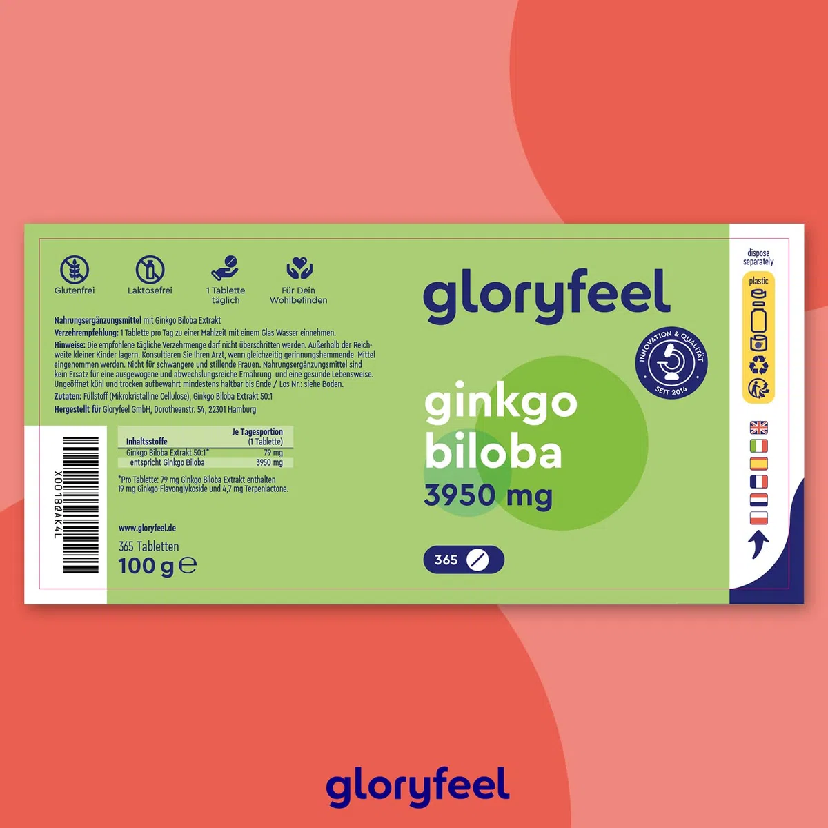 Ginkgo Biloba 3950mg - 365 Tabletten hochdosiert - Mit Flavonoglykoside + Terpenlactone & Ginkgosäurefrei - 50:1 Extrakt - Laborgeprüft, vegan und ohne Zusätze in Deutschland hergestellt