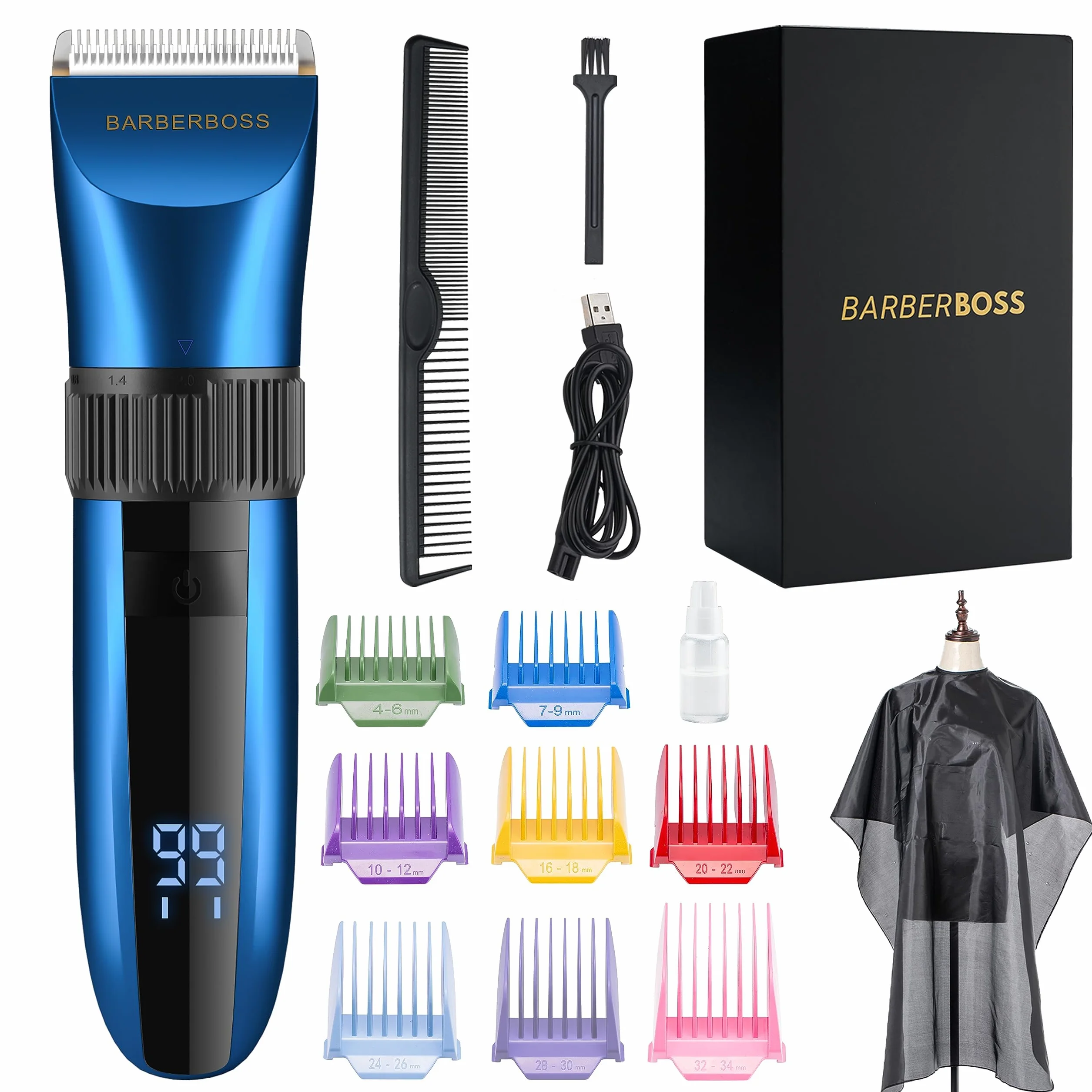 BarberBoss Kabelloser, selbstschärfender Bart- und Haarschneider, wasserdicht, mit Keramikklingen, LED-Display, schnelles Aufladen und 8 farbigen Kamm-Aufsätzen QR-2082